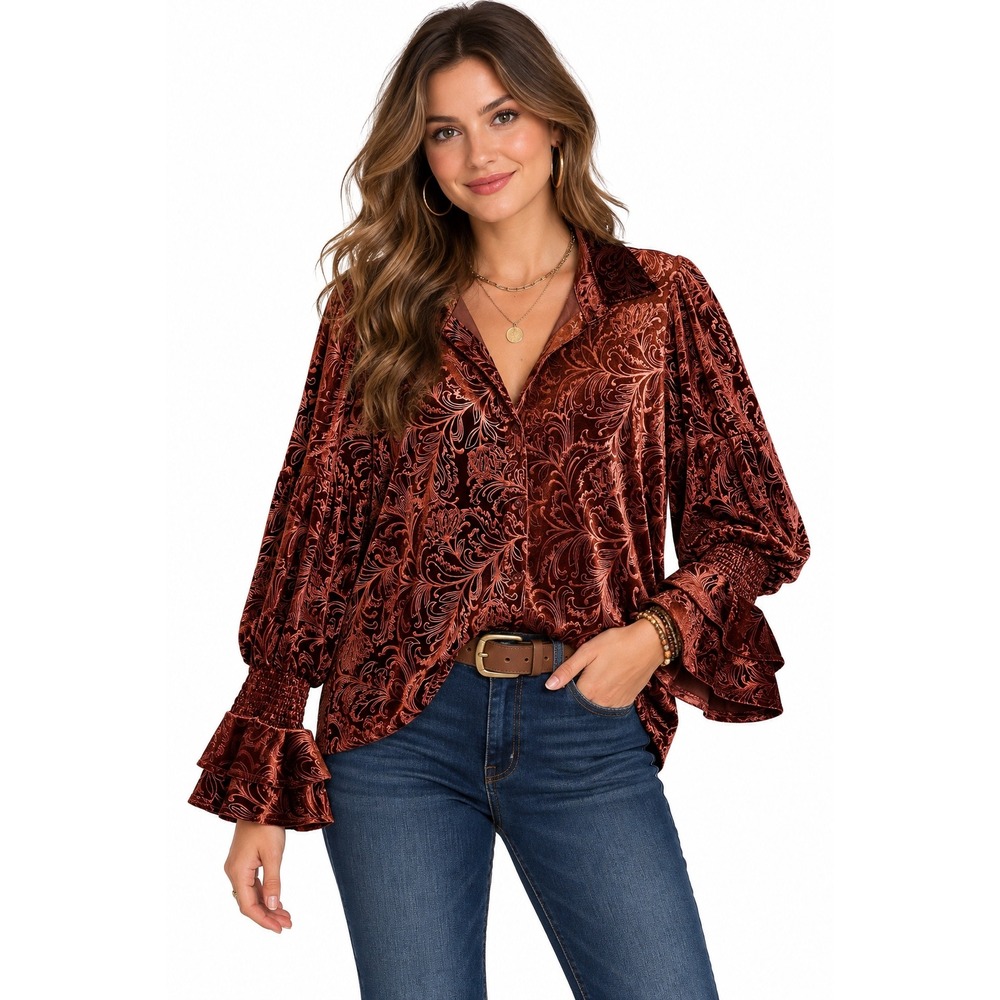 Cherybetty Rust Brown Paisley Velvet Burnout Puff Sleeve Ruffle Top Victorian L